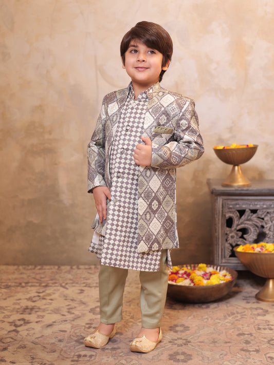 Boys Green Jacquard Full Sleeves Rich Embroidery Sherwani
