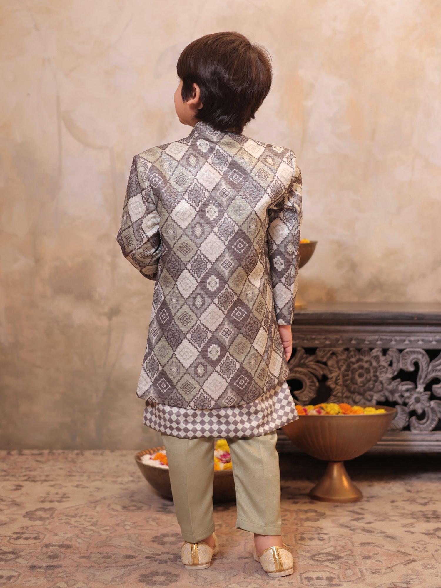 Boys Green Jacquard Full Sleeves Rich Embroidery Sherwani