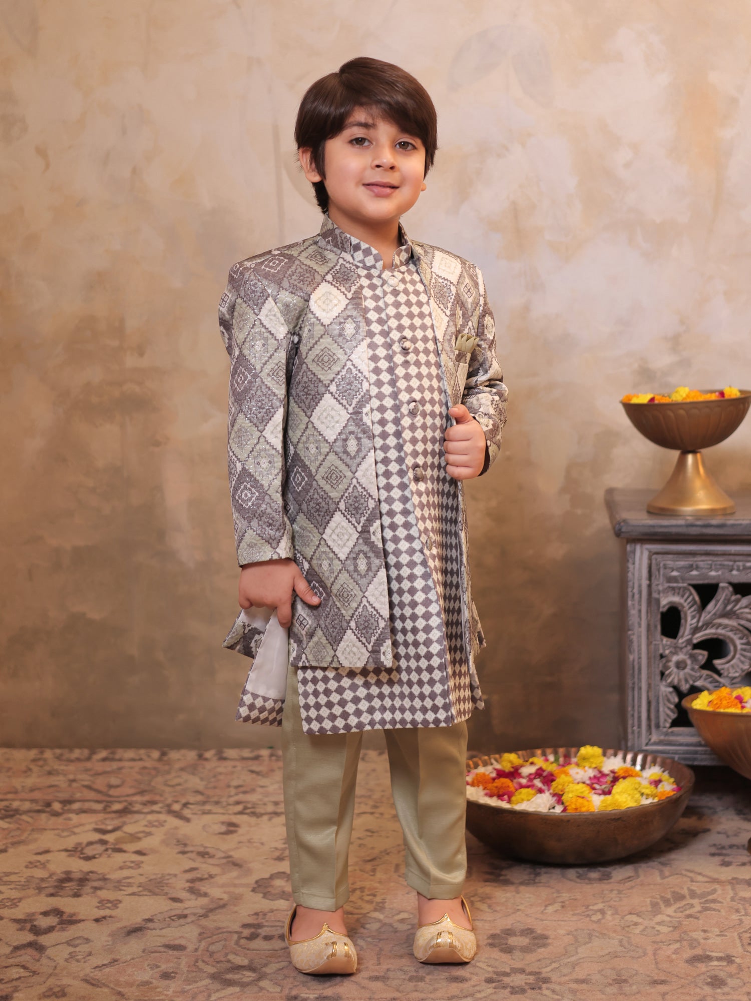 Boys Green Jacquard Full Sleeves Rich Embroidery Sherwani