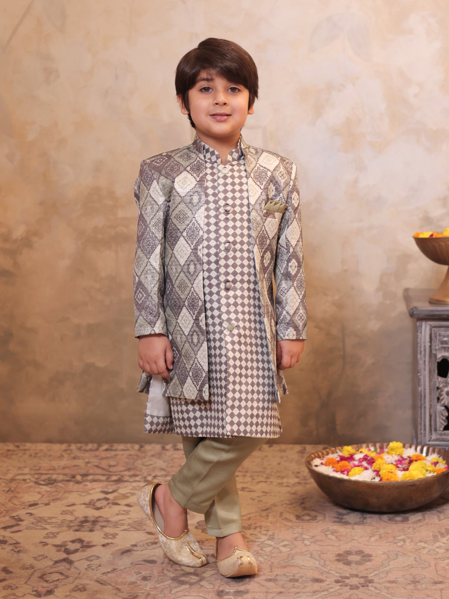 Boys Green Jacquard Full Sleeves Rich Embroidery Sherwani