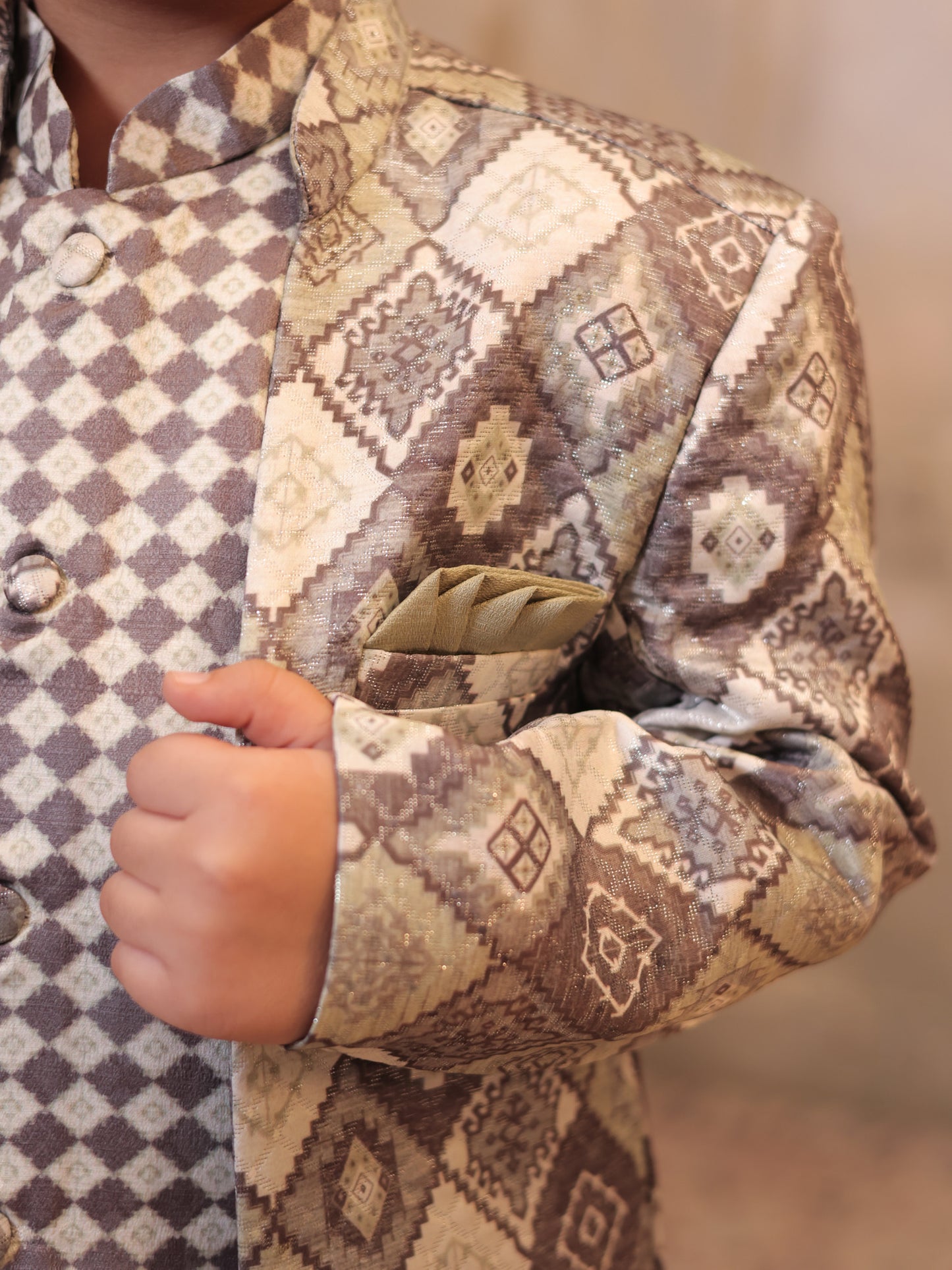 Boys Green Jacquard Full Sleeves Rich Embroidery Sherwani