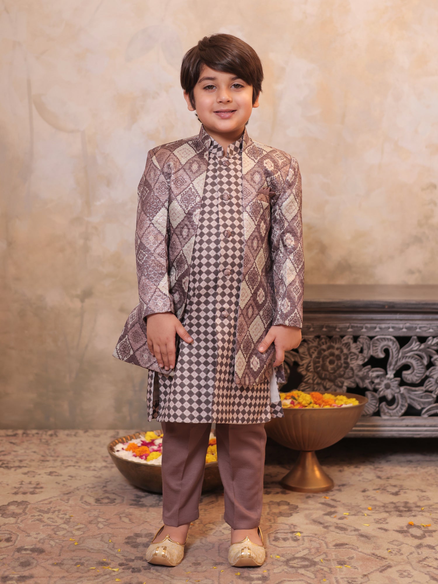 Boys Mauve Jacquard Full Sleeves Rich Embroidery Sherwani