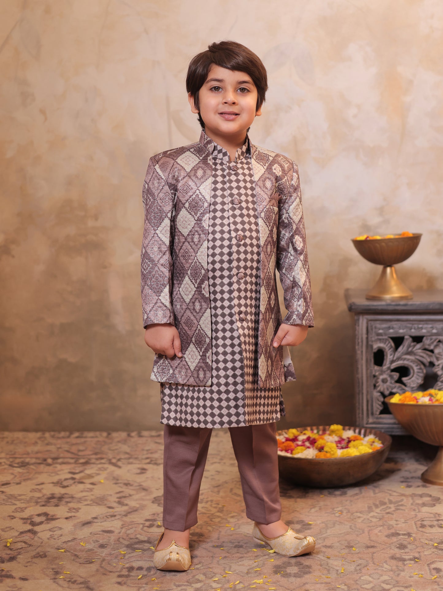 Boys Mauve Jacquard Full Sleeves Rich Embroidery Sherwani