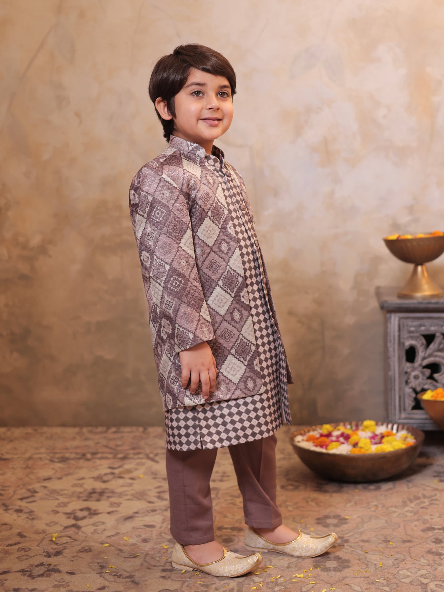 Boys Mauve Jacquard Full Sleeves Rich Embroidery Sherwani