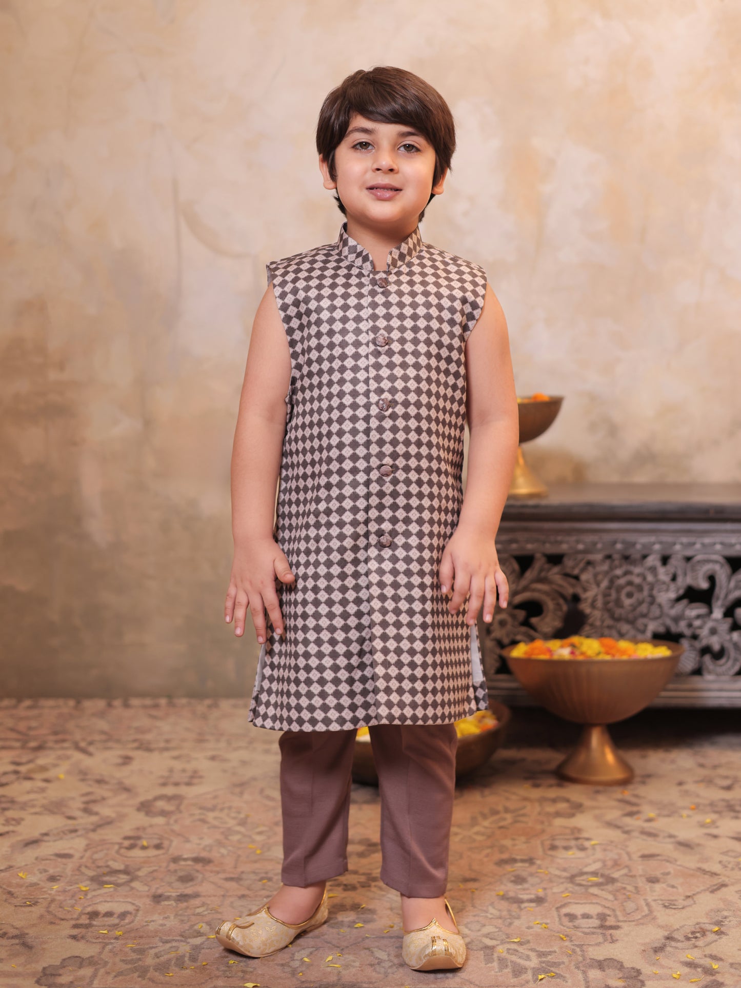 Boys Mauve Jacquard Full Sleeves Rich Embroidery Sherwani
