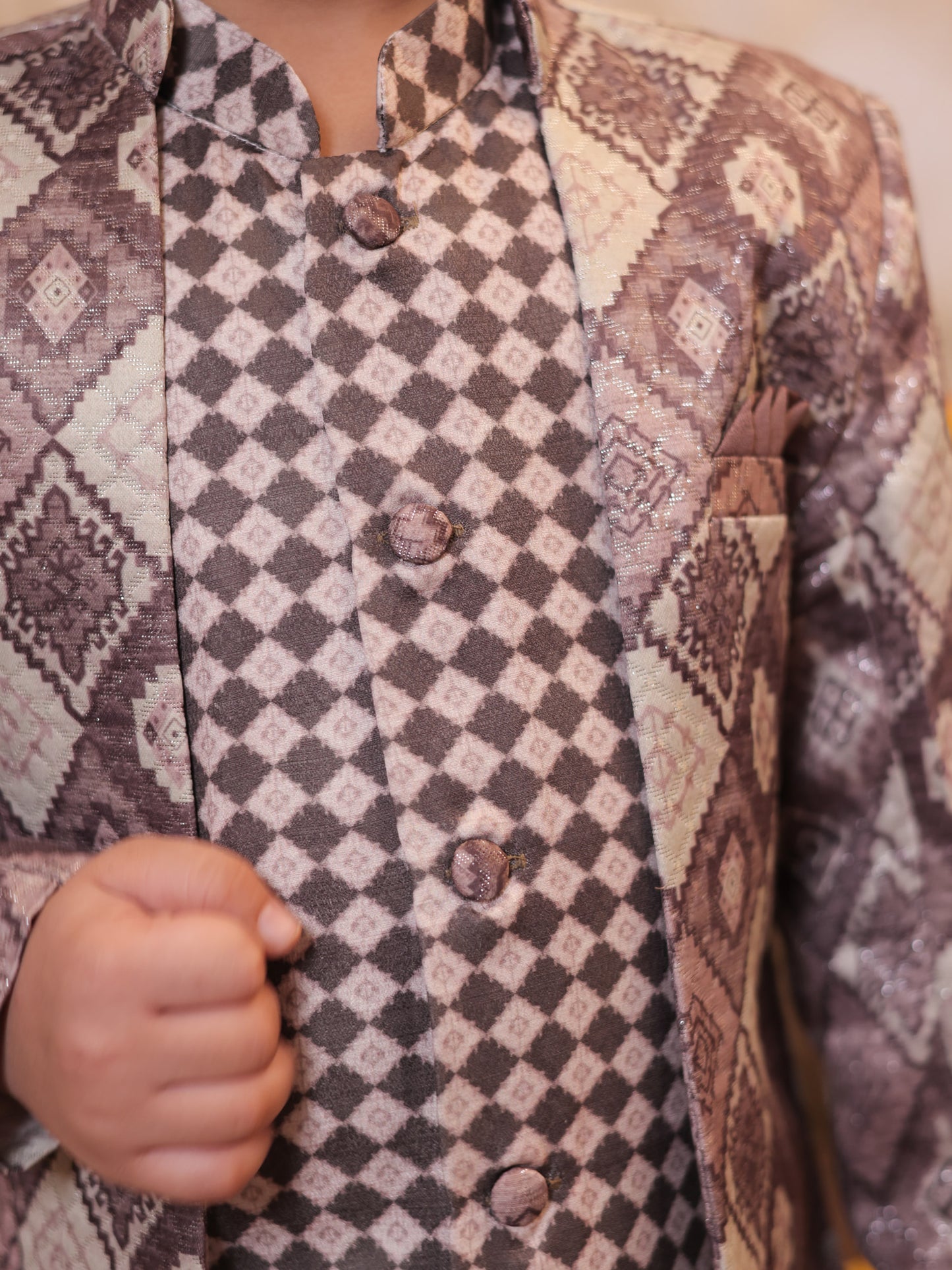 Boys Mauve Jacquard Full Sleeves Rich Embroidery Sherwani