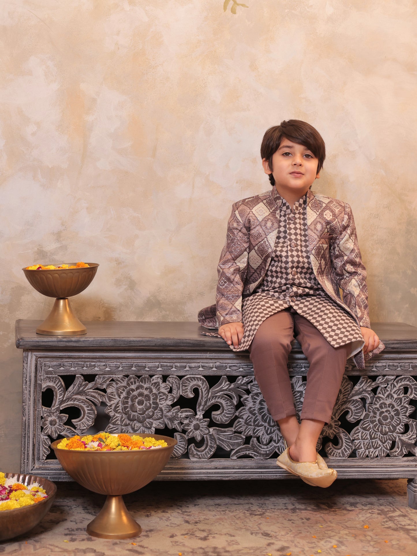 Boys Mauve Jacquard Full Sleeves Rich Embroidery Sherwani