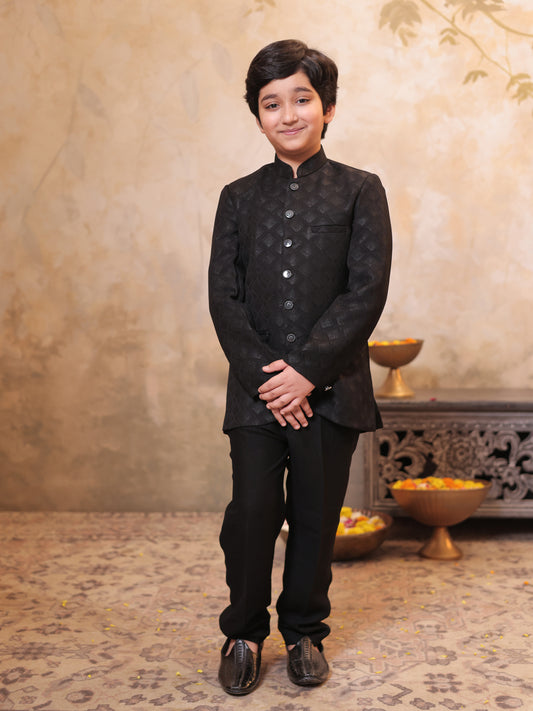 Boys Black Jacquard Full Sleeves Sequins and Embroidery Sherwani