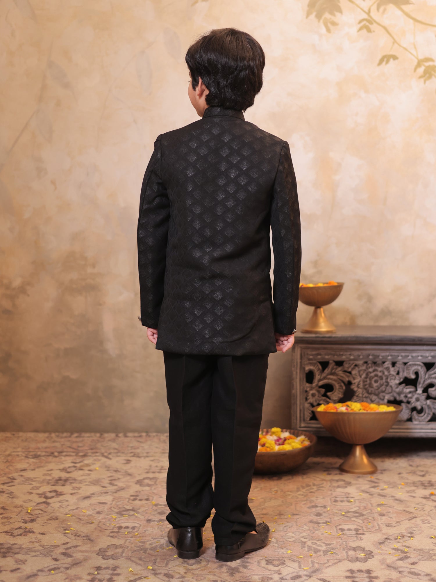 Boys Black Jacquard Full Sleeves Sequins and Embroidery Sherwani
