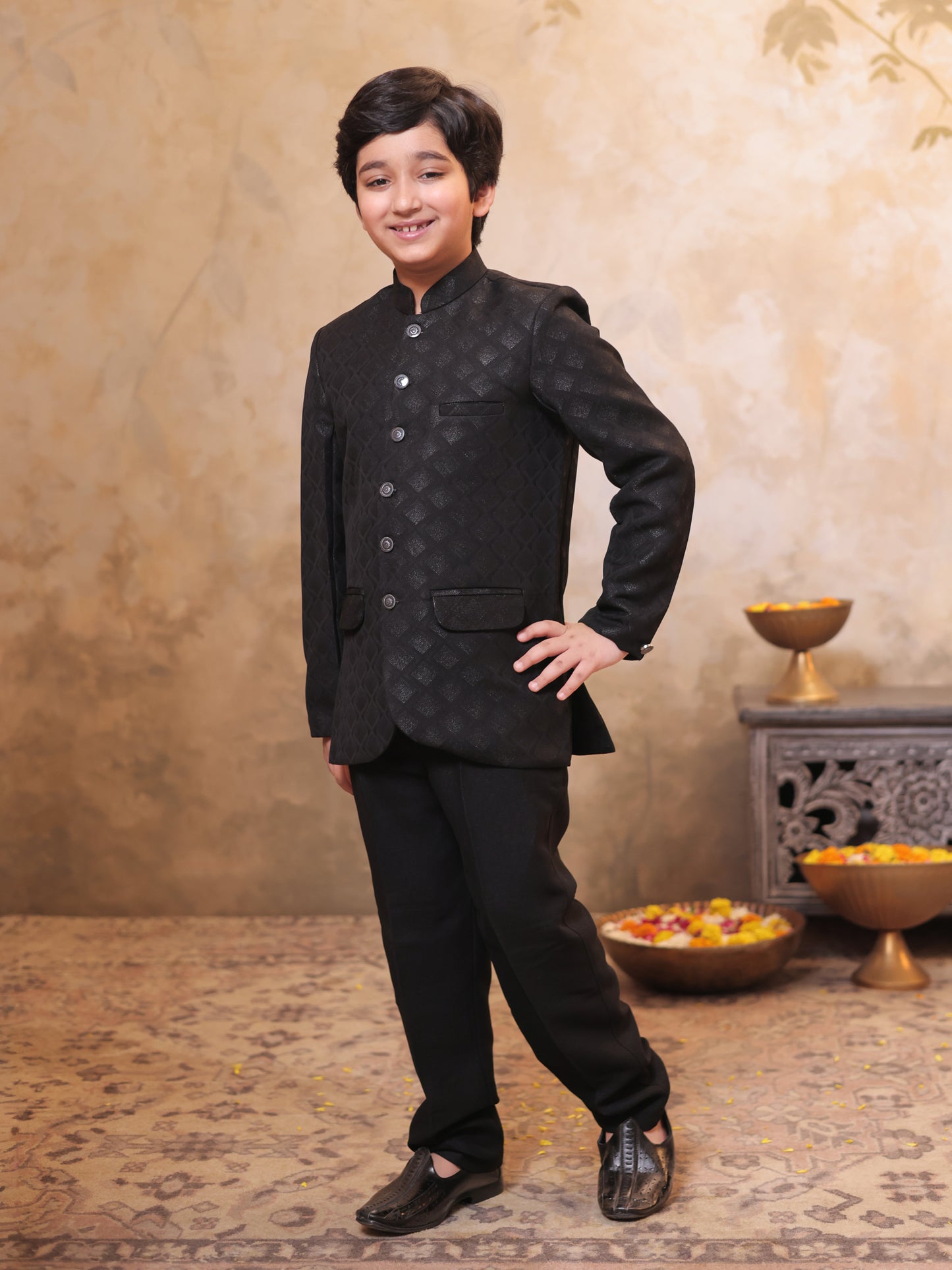 Boys Black Jacquard Full Sleeves Sequins and Embroidery Sherwani