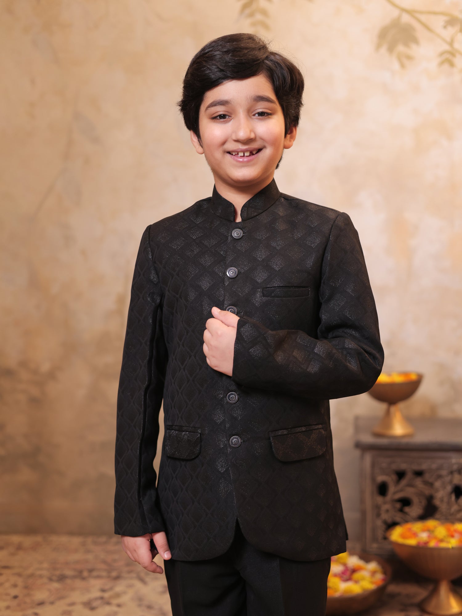 Boys Black Jacquard Full Sleeves Sequins and Embroidery Sherwani