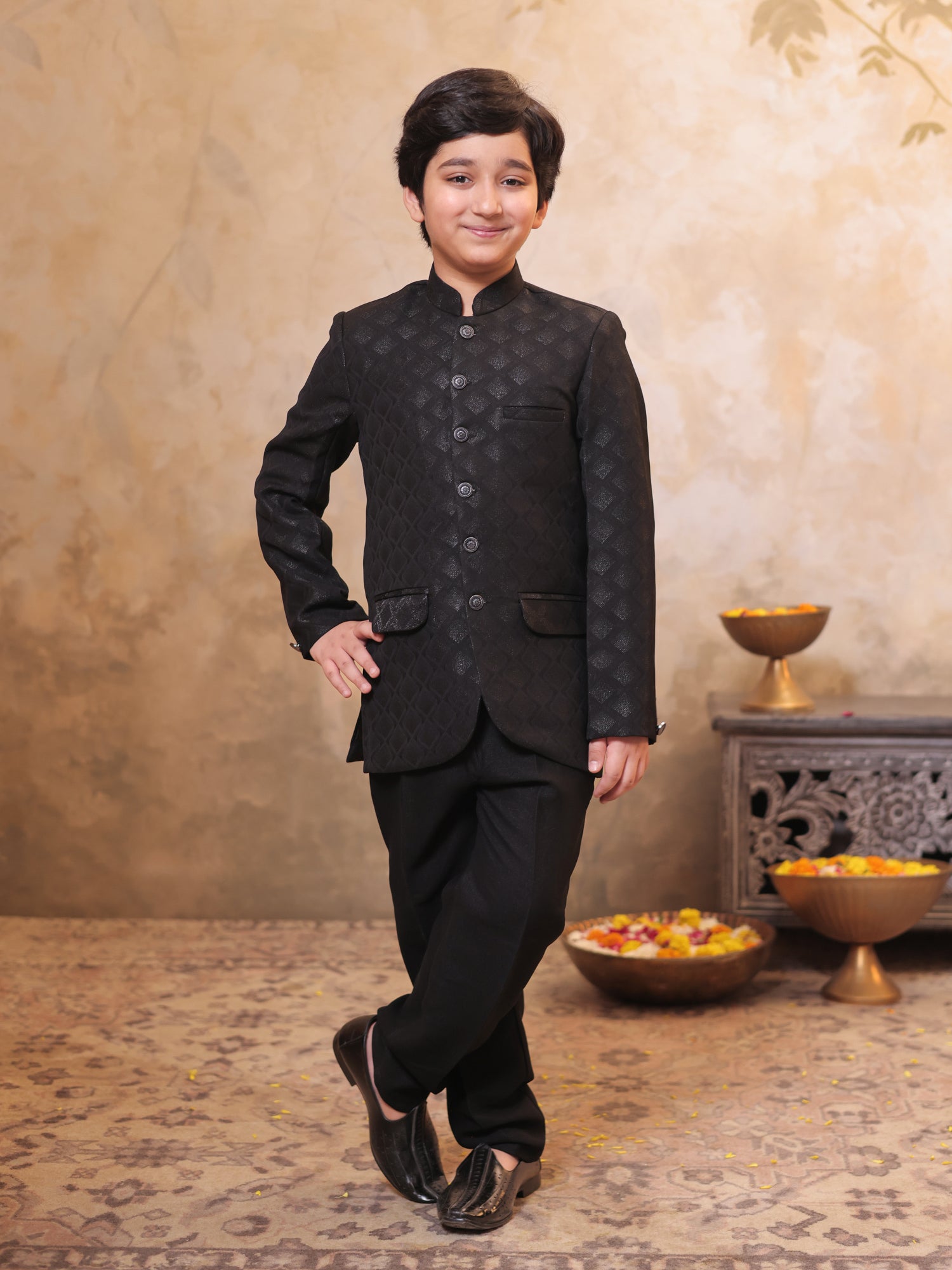 Boys Black Jacquard Full Sleeves Sequins and Embroidery Sherwani