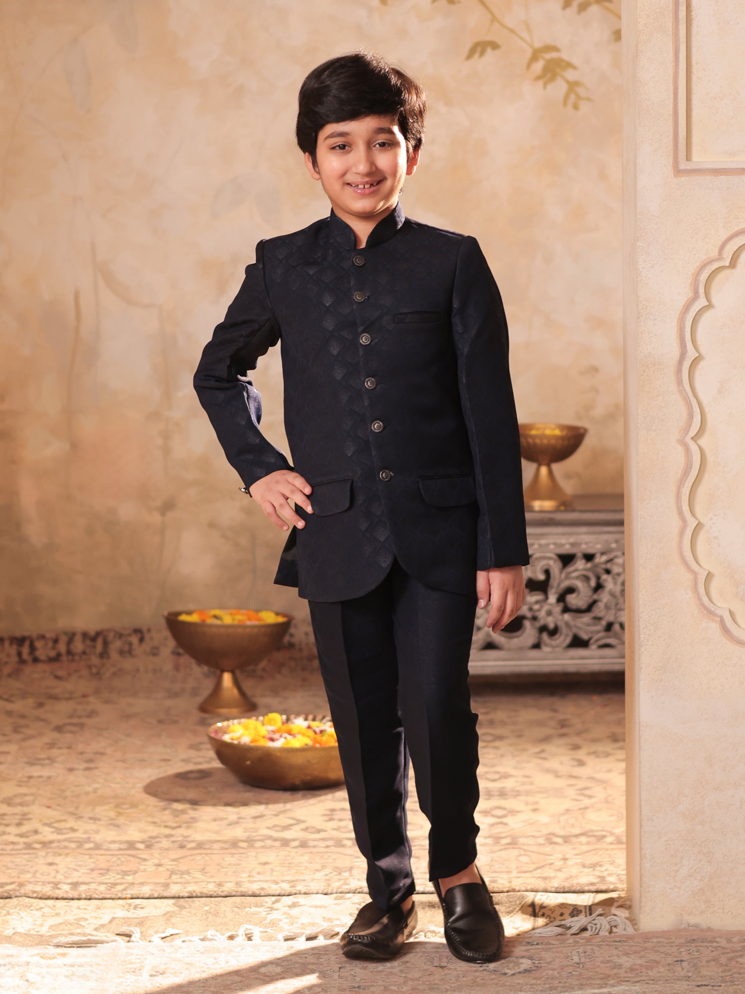 Boys Blue Jacquard Full Sleeves Sequins and Embroidery Sherwani
