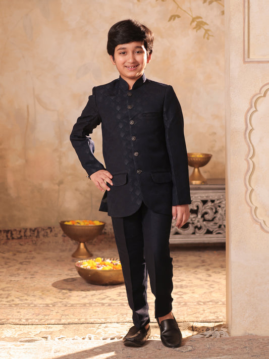 Boys Blue Jacquard Full Sleeves Sequins and Embroidery Sherwani