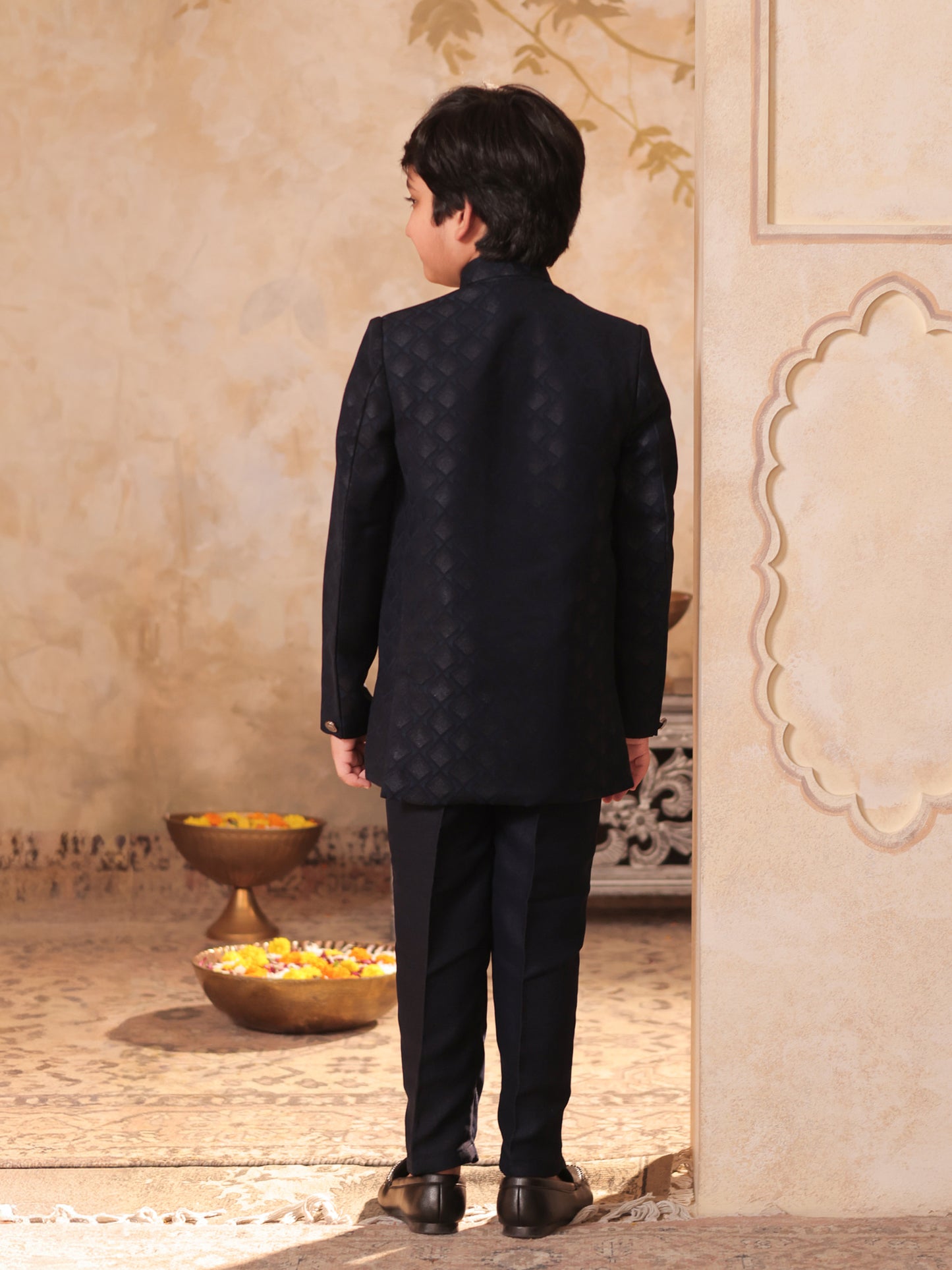Boys Blue Jacquard Full Sleeves Sequins and Embroidery Sherwani