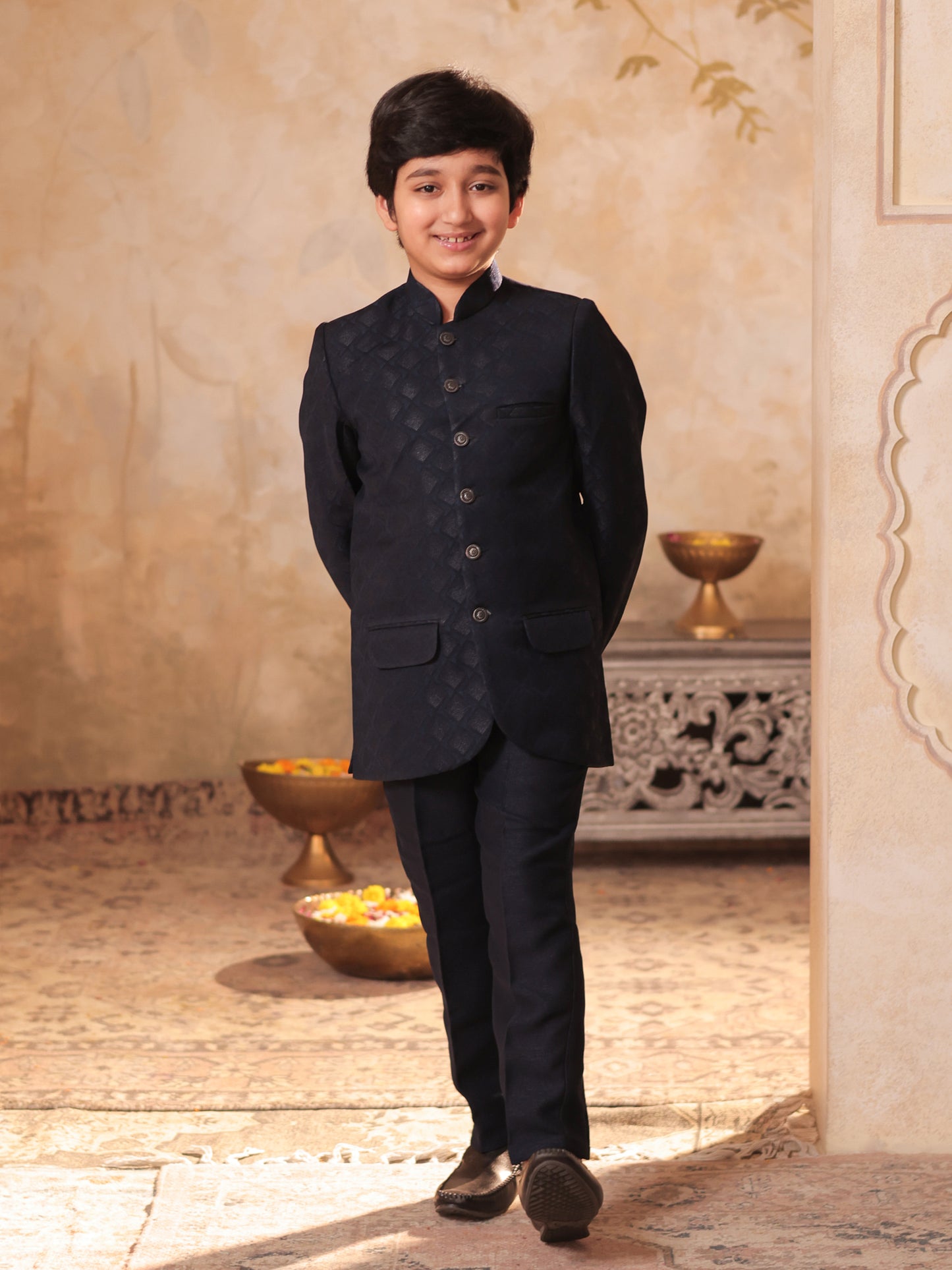 Boys Blue Jacquard Full Sleeves Sequins and Embroidery Sherwani