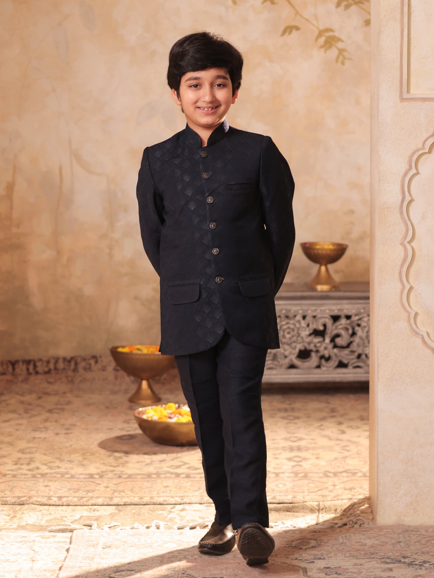 Boys Blue Jacquard Full Sleeves Sequins and Embroidery Sherwani