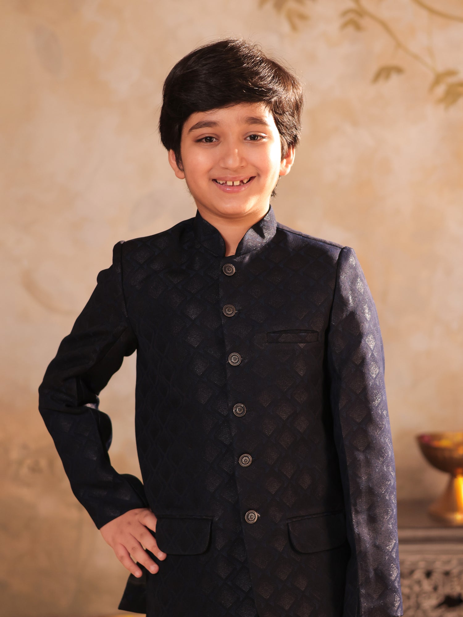 Boys Blue Jacquard Full Sleeves Sequins and Embroidery Sherwani