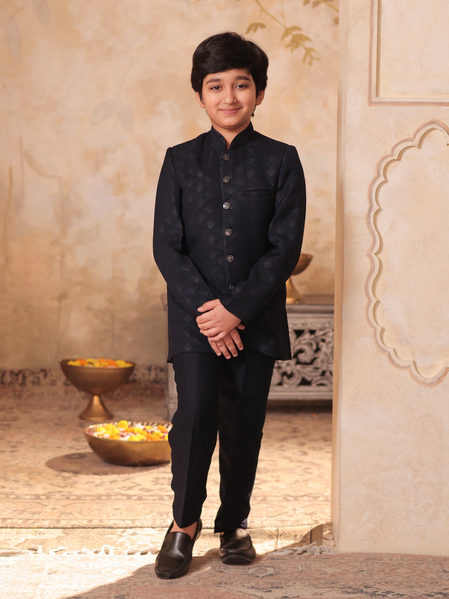 Boys Blue Jacquard Full Sleeves Sequins and Embroidery Sherwani