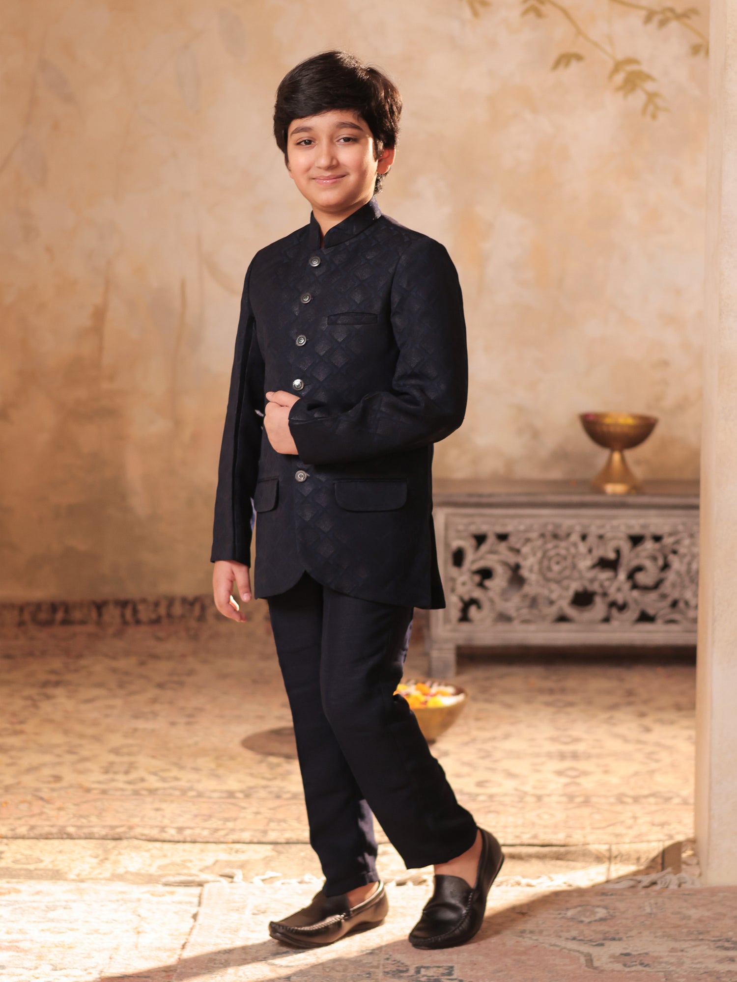 Boys Blue Jacquard Full Sleeves Sequins and Embroidery Sherwani