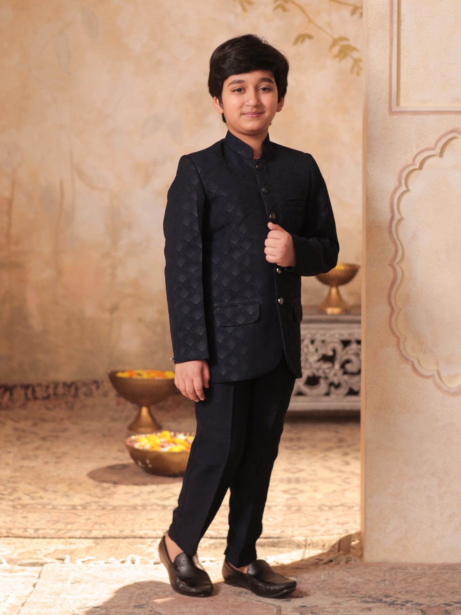 Boys Blue Jacquard Full Sleeves Sequins and Embroidery Sherwani