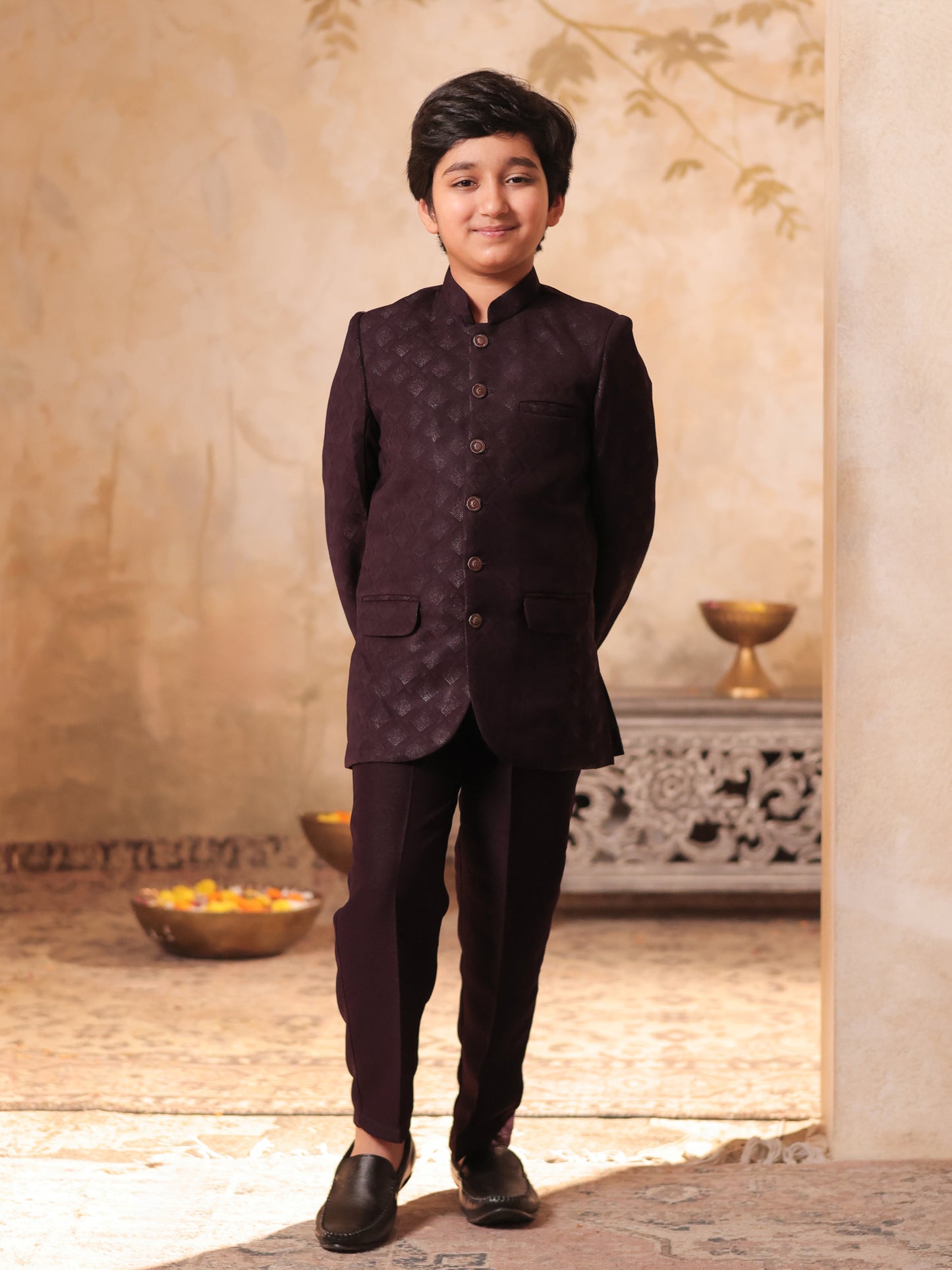 Boys Maroon Jacquard Full Sleeves Sequins and Embroidery Sherwani