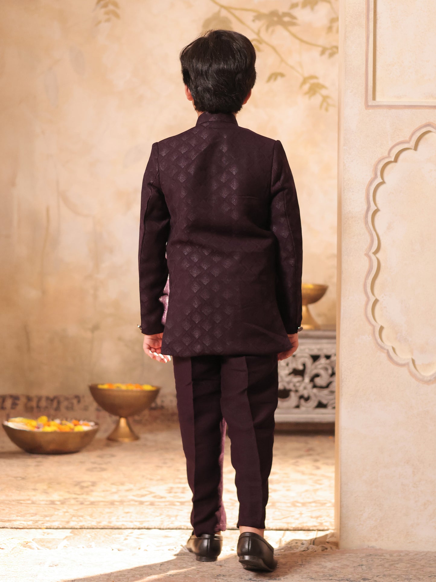 Boys Maroon Jacquard Full Sleeves Sequins and Embroidery Sherwani
