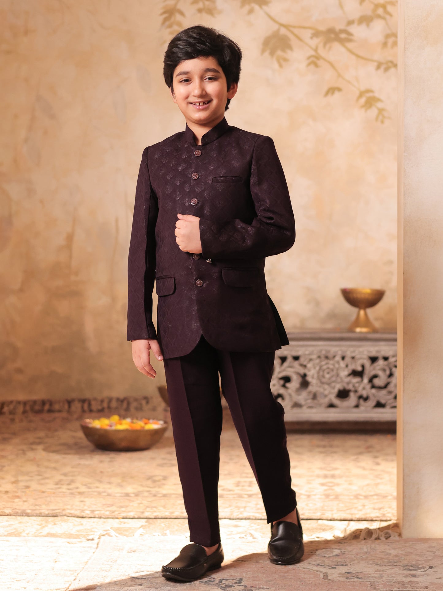 Boys Maroon Jacquard Full Sleeves Sequins and Embroidery Sherwani