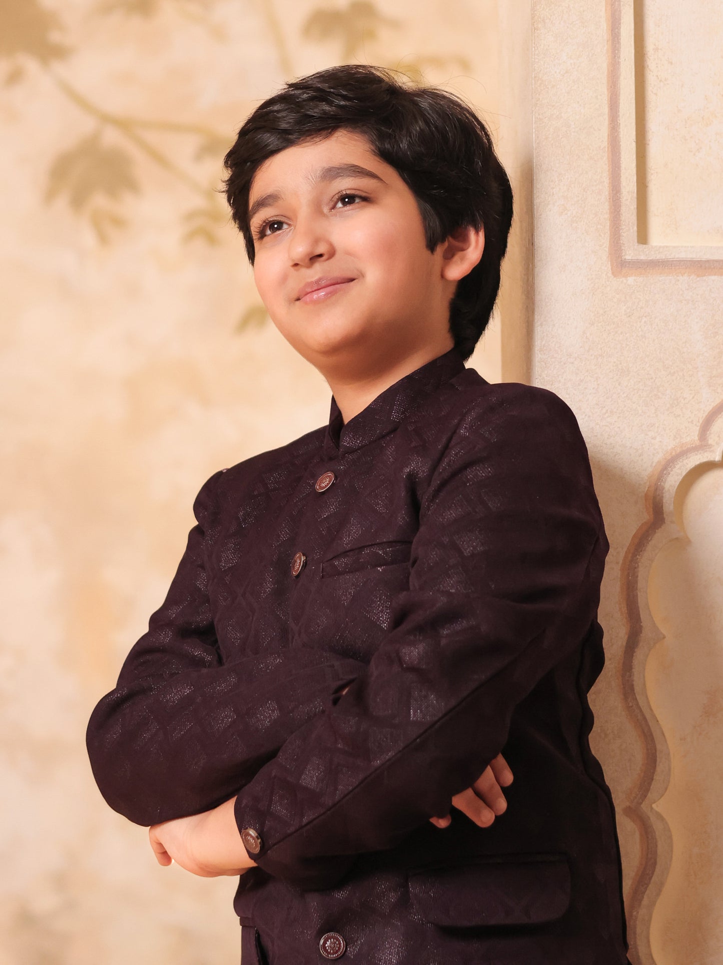 Boys Maroon Jacquard Full Sleeves Sequins and Embroidery Sherwani