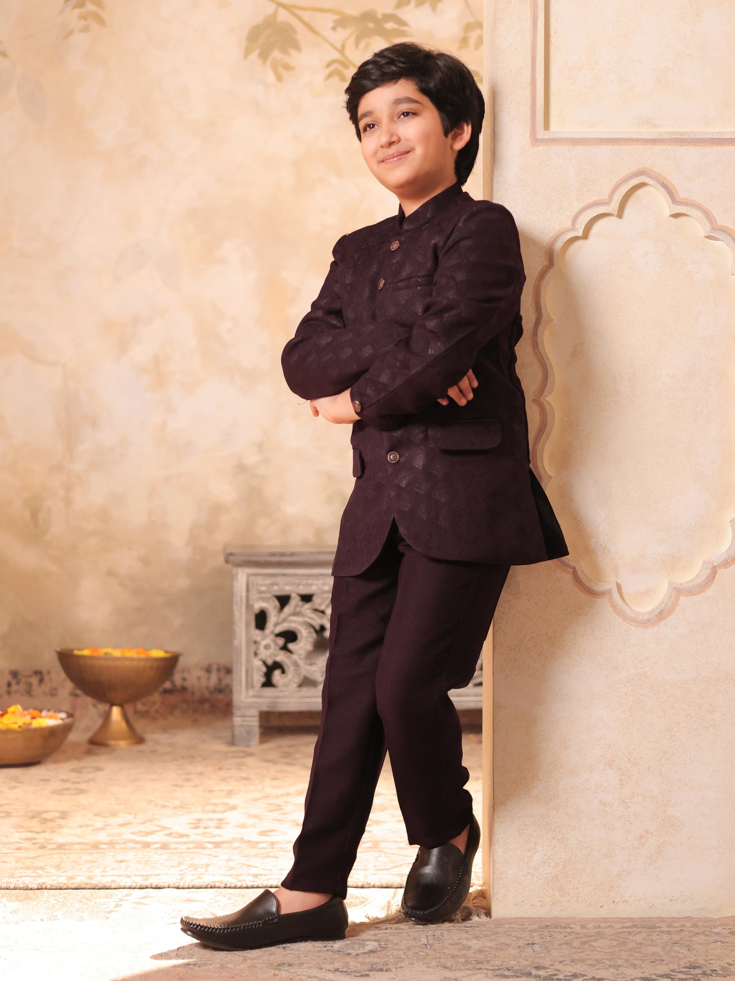 Boys Maroon Jacquard Full Sleeves Sequins and Embroidery Sherwani