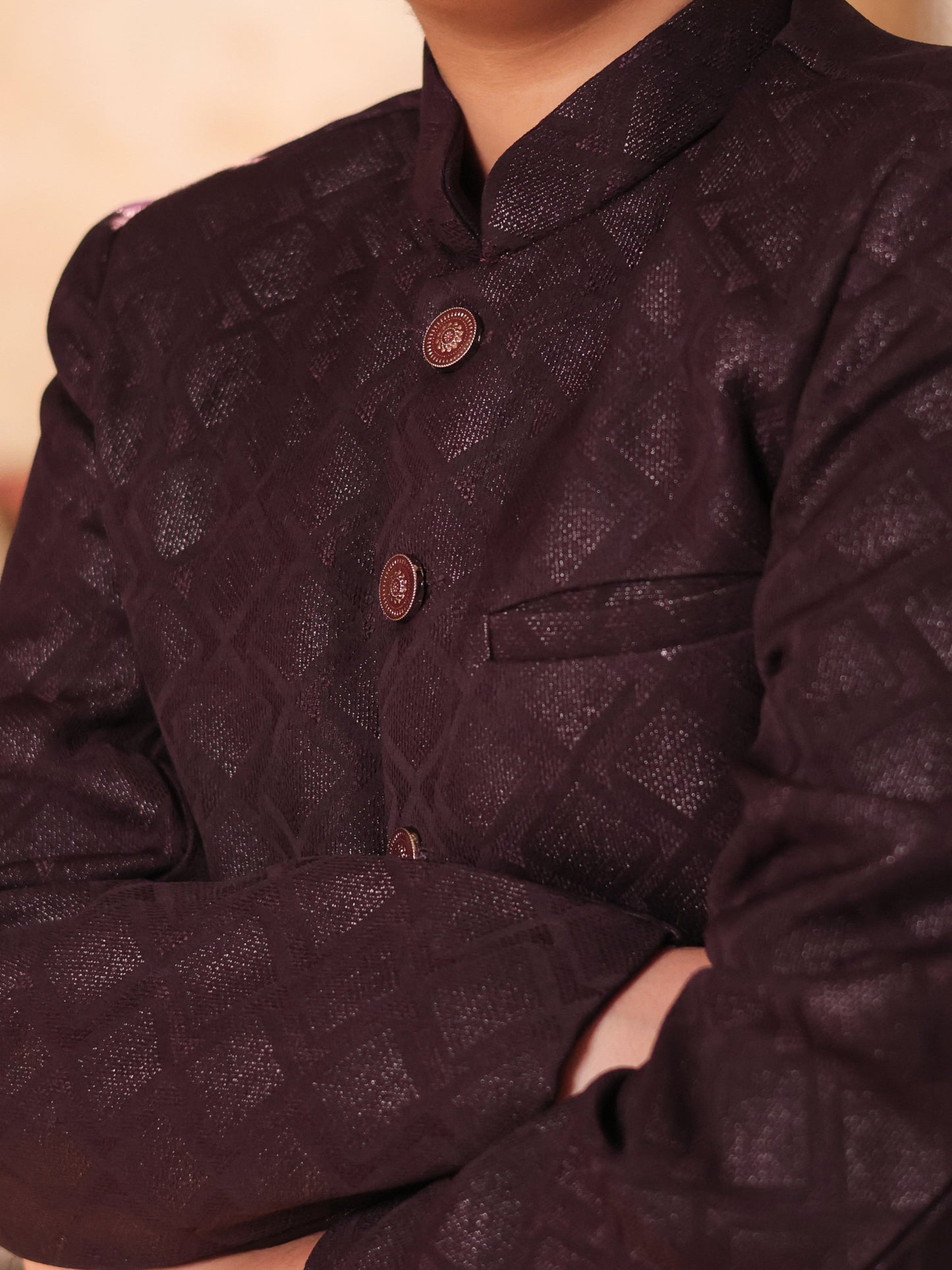 Boys Maroon Jacquard Full Sleeves Sequins and Embroidery Sherwani