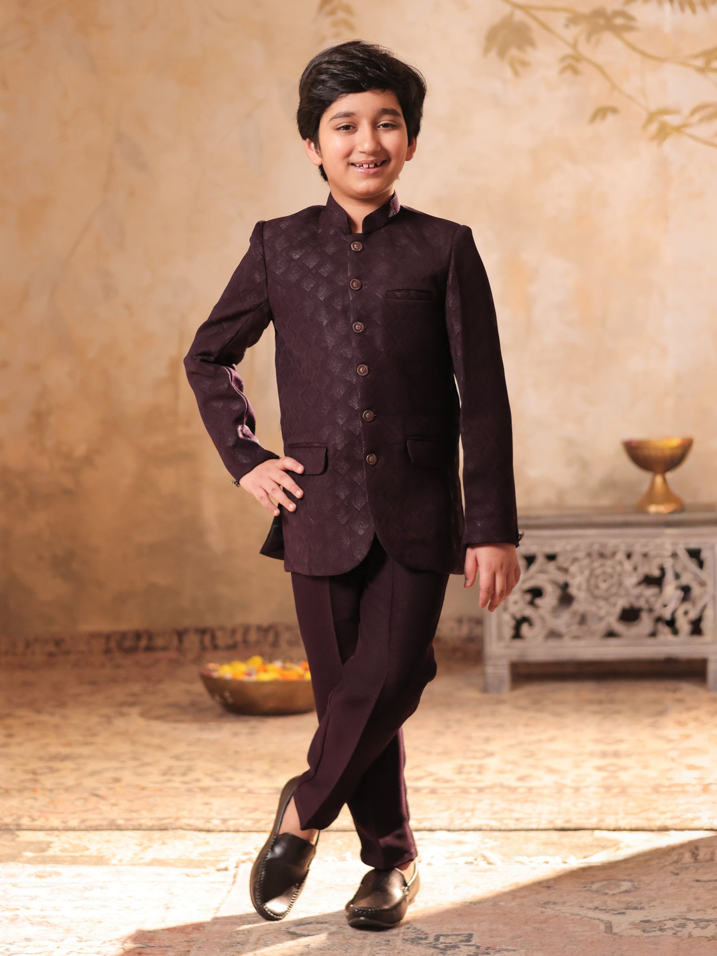 Boys Maroon Jacquard Full Sleeves Sequins and Embroidery Sherwani