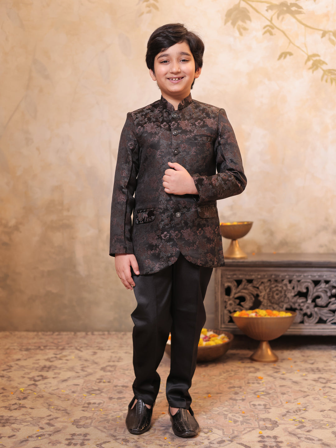Black Jacquard Full Sleeves Sequins and Embroidery Sherwani for boys
