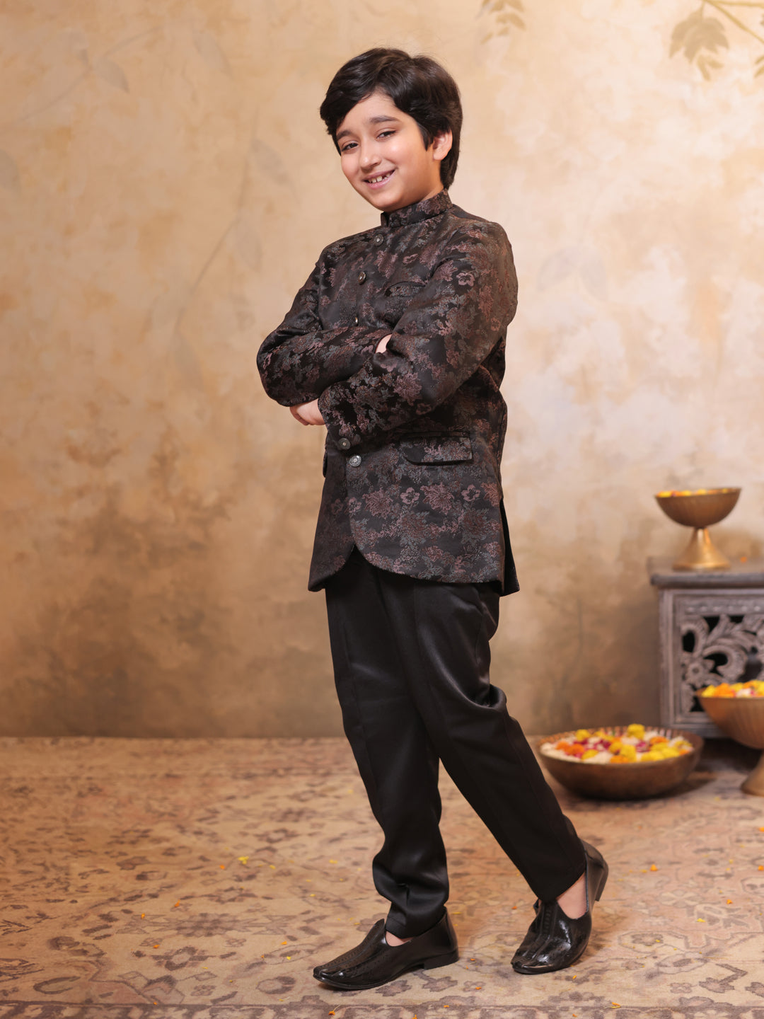 Black Jacquard Full Sleeves Sequins and Embroidery Sherwani for boys