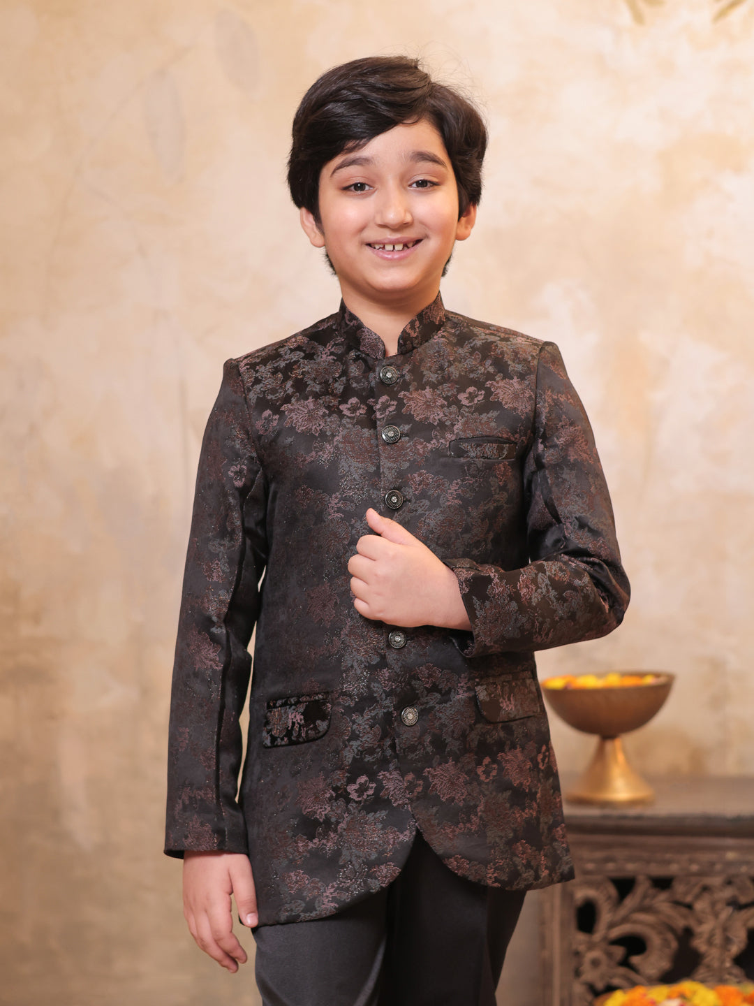 Black Jacquard Full Sleeves Sequins and Embroidery Sherwani for boys