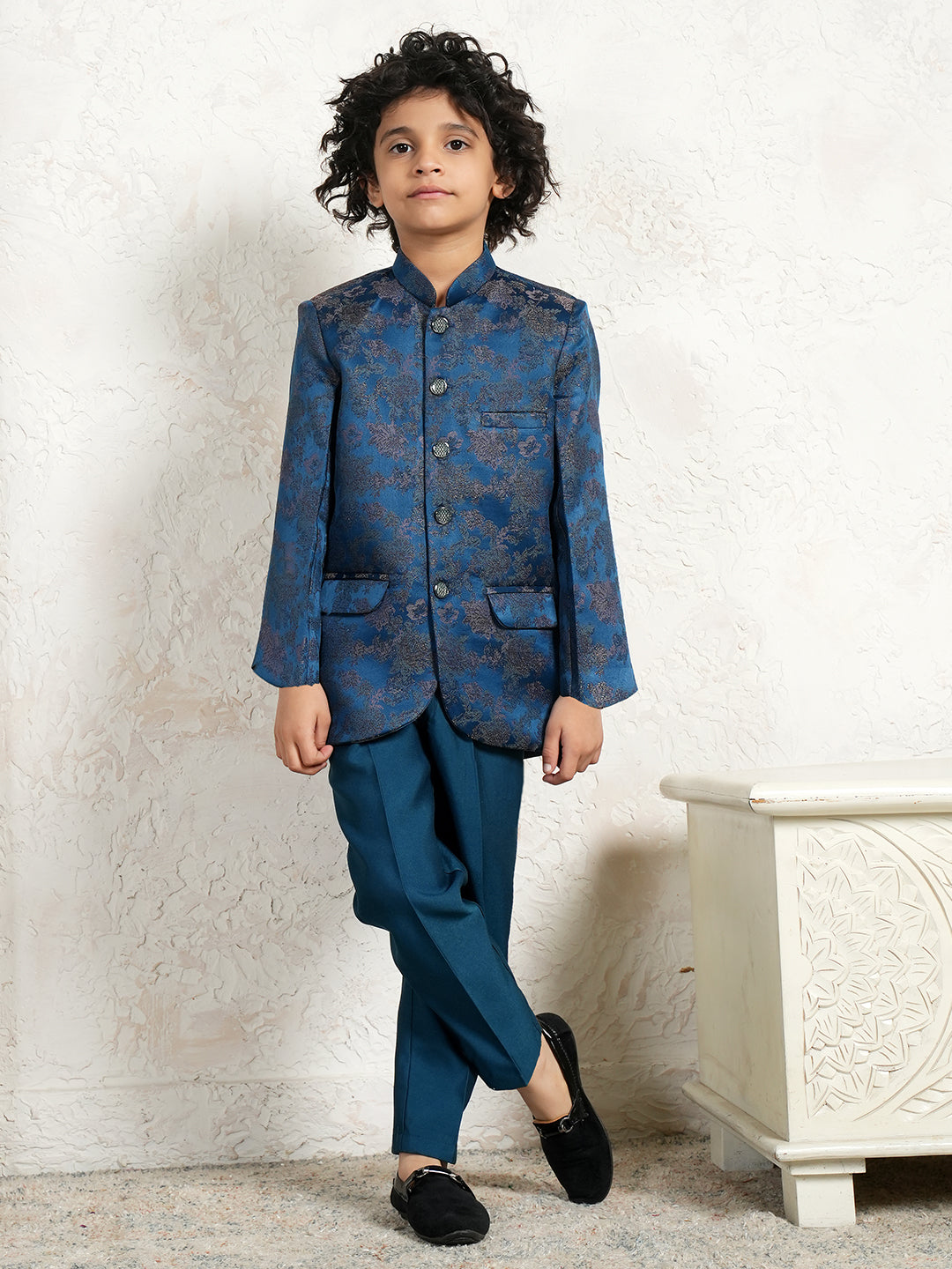 Blue Full Sleeves Jacquard Sherwani for Boys