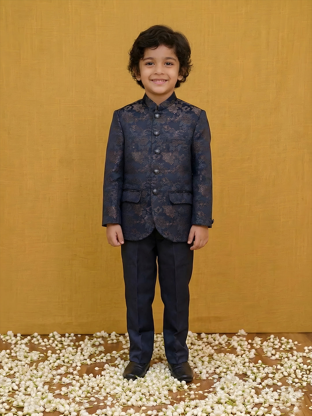 Navy Blue Jacquard Full Sleeves Sequins and Embroidery Festive Ethnic Wear Sherwani Set For Kids Boys