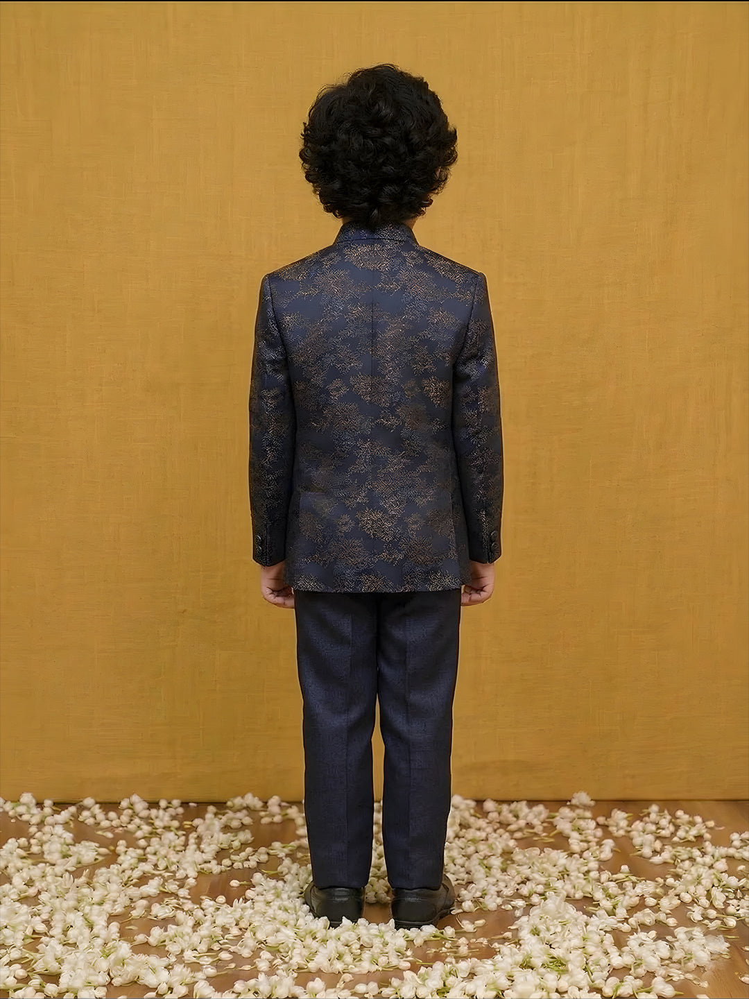 Navy Blue Jacquard Full Sleeves Sequins and Embroidery Festive Ethnic Wear Sherwani Set For Kids Boys
