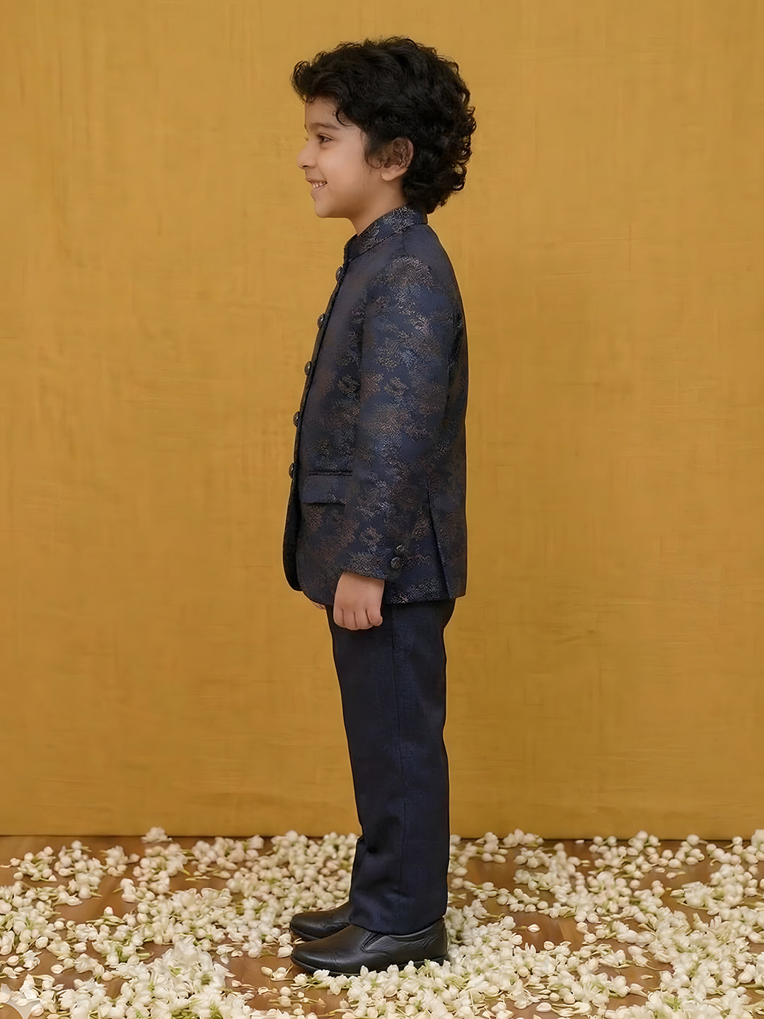 Navy Blue Jacquard Full Sleeves Sequins and Embroidery Festive Ethnic Wear Sherwani Set For Kids Boys