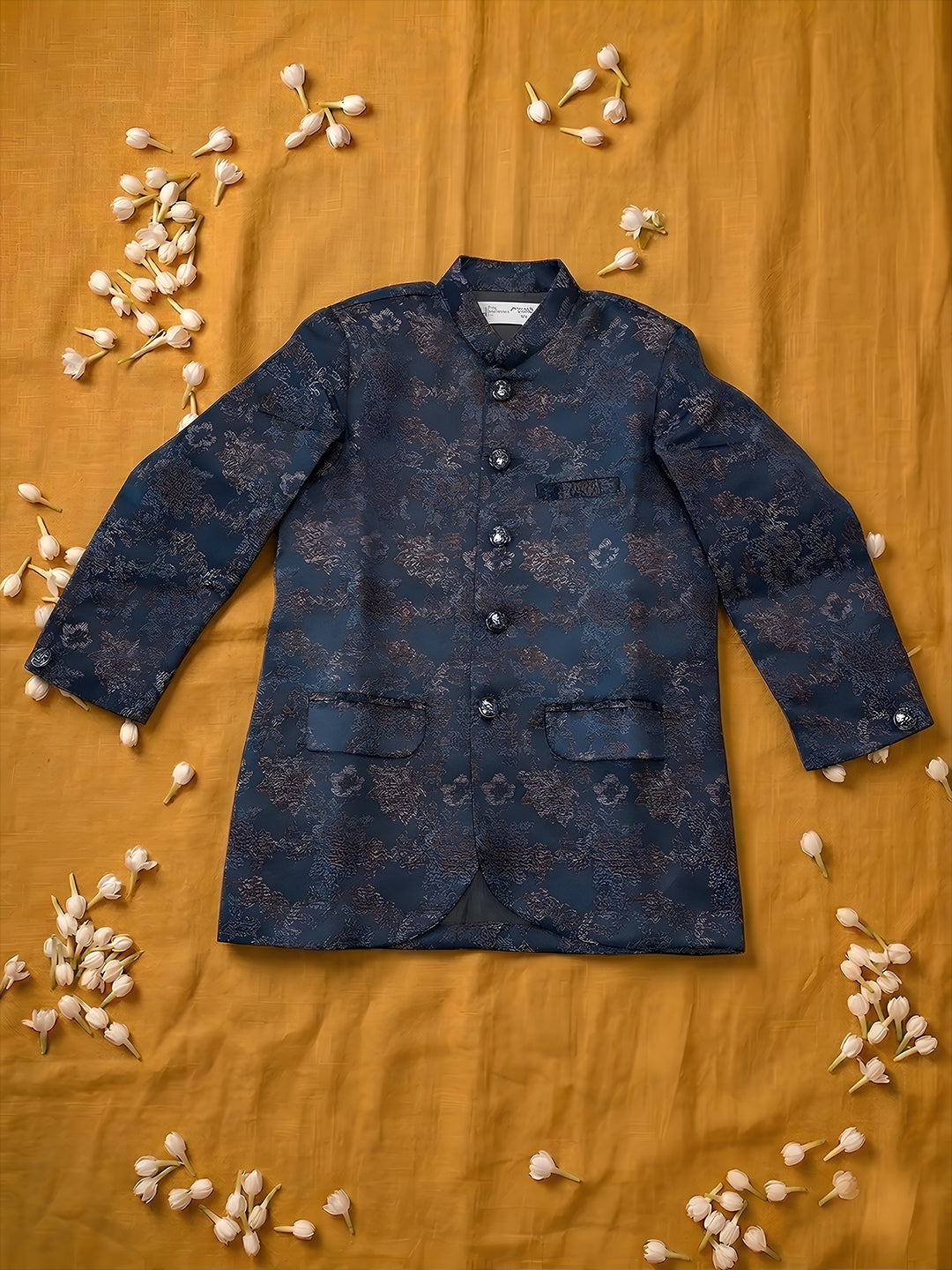 Navy Blue Jacquard Full Sleeves Sequins and Embroidery Festive Ethnic Wear Sherwani Set For Kids Boys