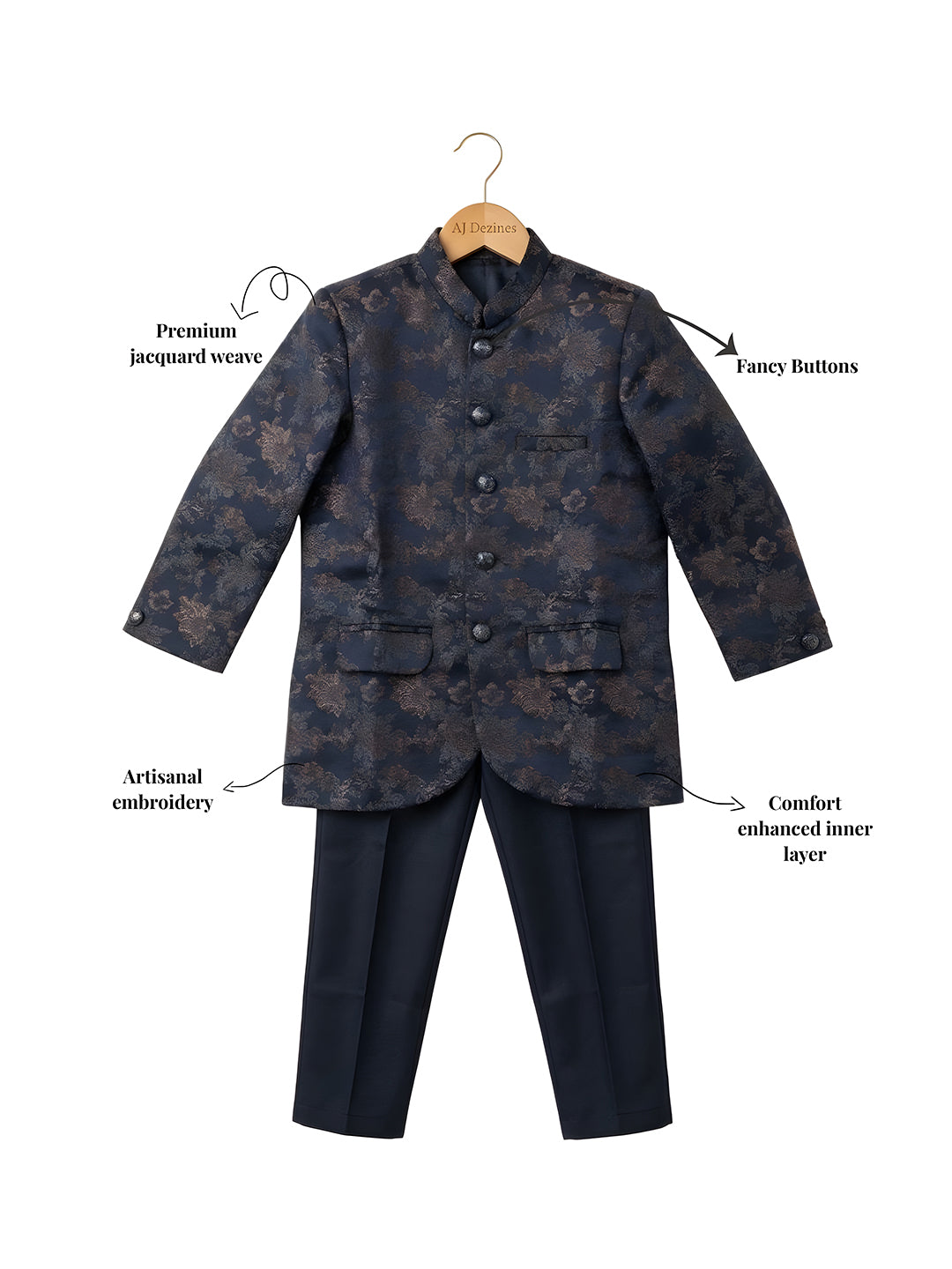 Navy Blue Jacquard Full Sleeves Sequins and Embroidery Festive Ethnic Wear Sherwani Set For Kids Boys