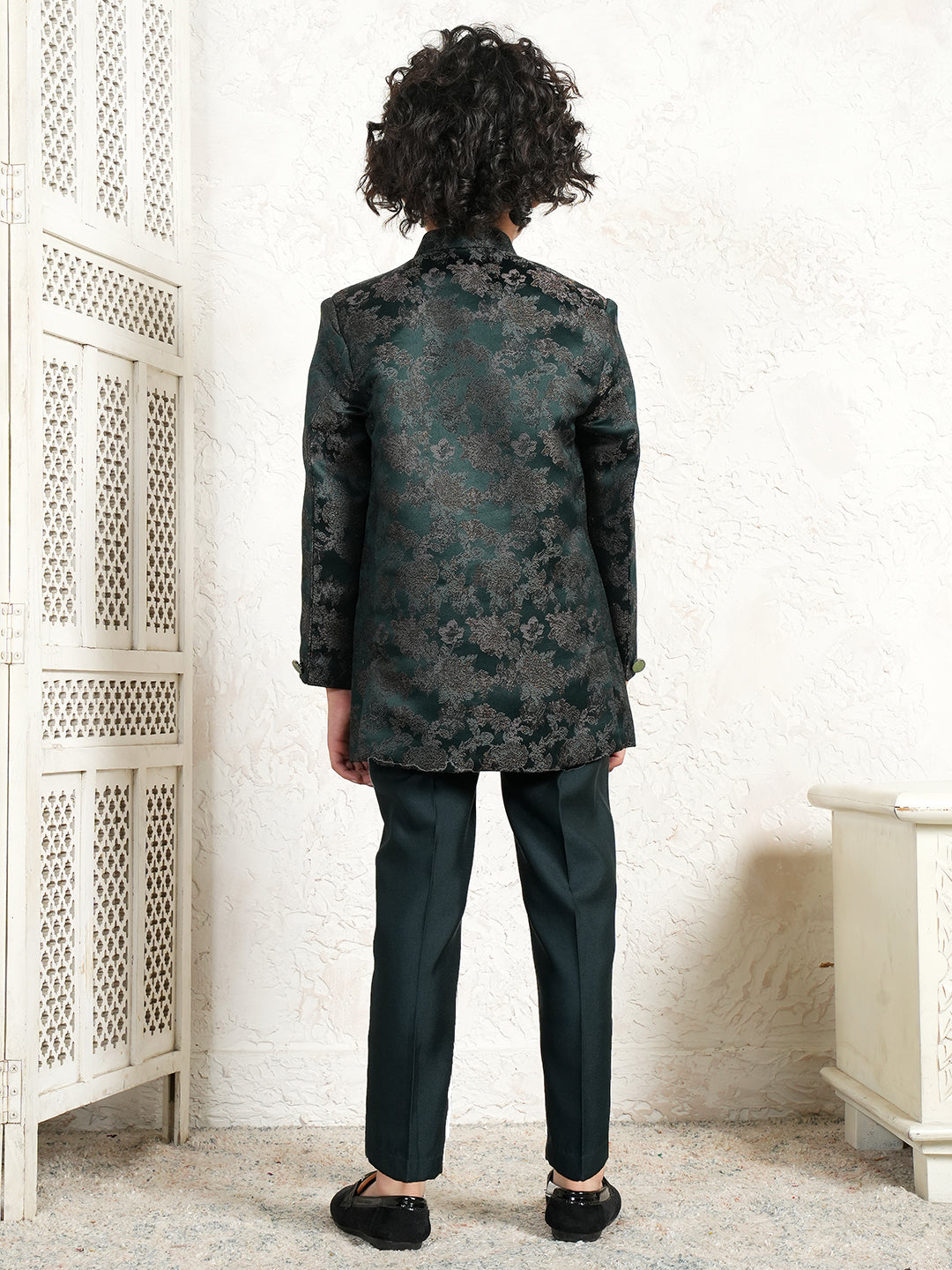 Green Jacquard Full Sleeves Sequins and Embroidery Sherwani for boys