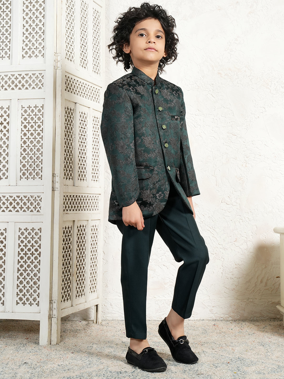 Green Jacquard Full Sleeves Sequins and Embroidery Sherwani for boys