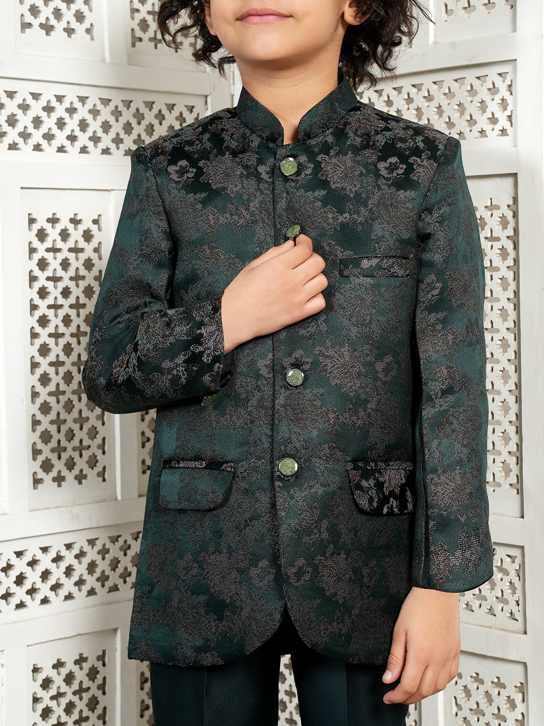 Green Jacquard Full Sleeves Sequins and Embroidery Sherwani for boys