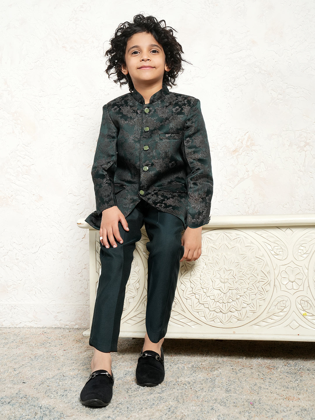 Green Jacquard Full Sleeves Sequins and Embroidery Sherwani for boys