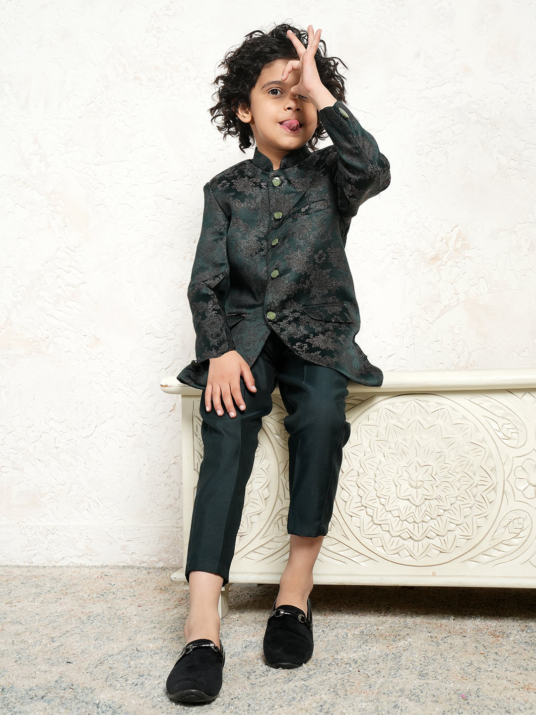 Green Jacquard Full Sleeves Sequins and Embroidery Sherwani for boys