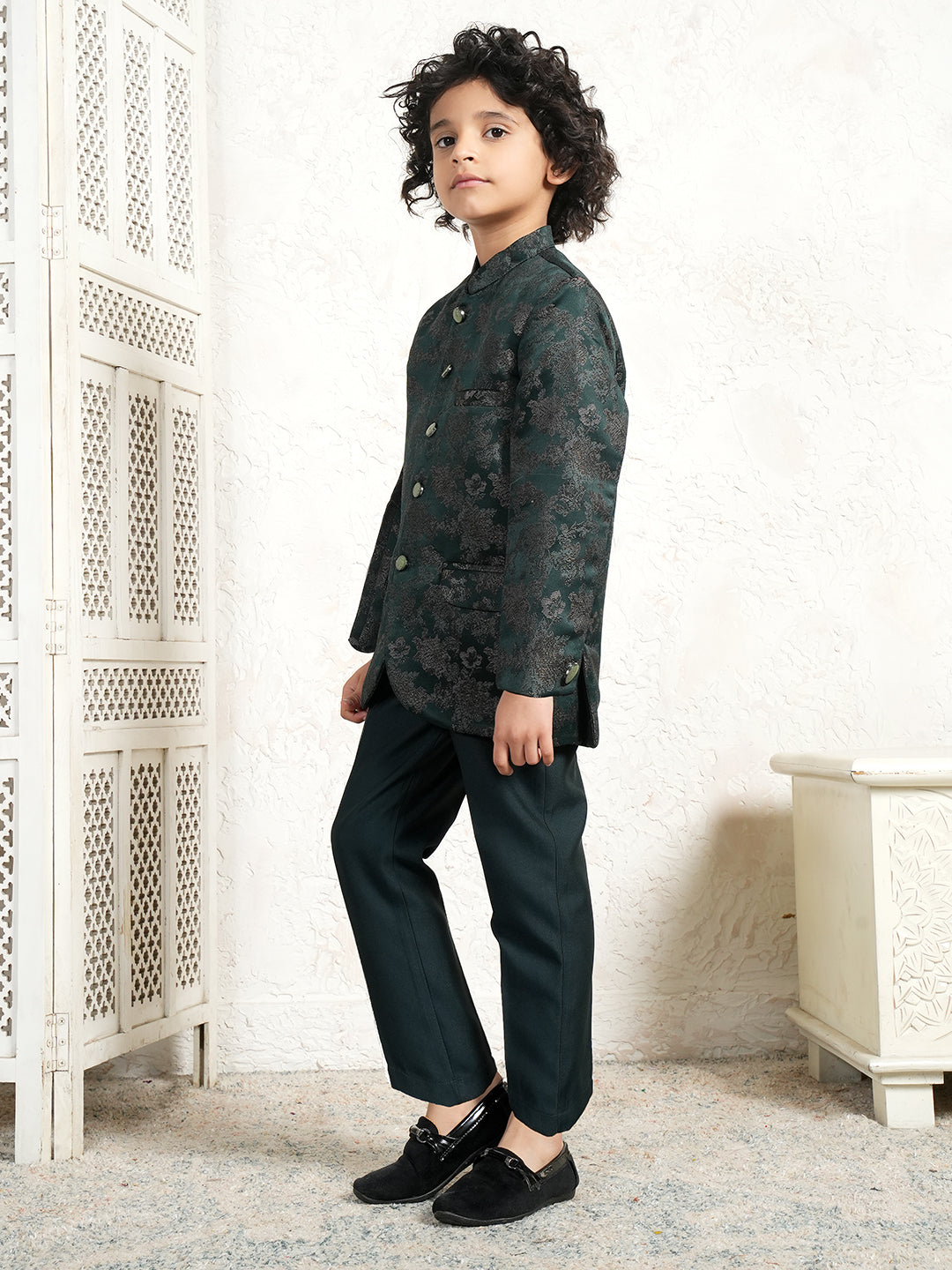 Green Jacquard Full Sleeves Sequins and Embroidery Sherwani for boys