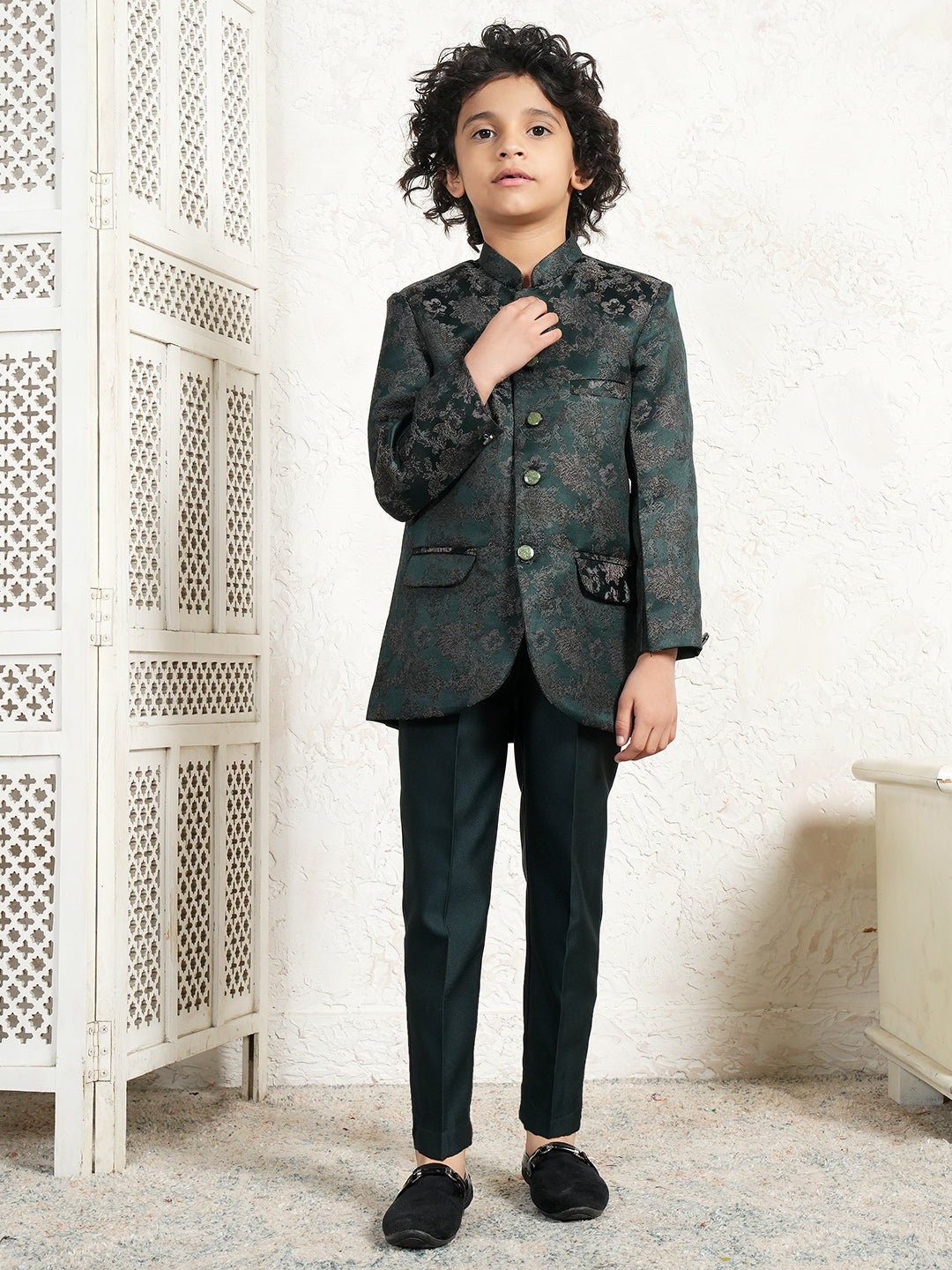 Green Jacquard Full Sleeves Sequins and Embroidery Sherwani for boys