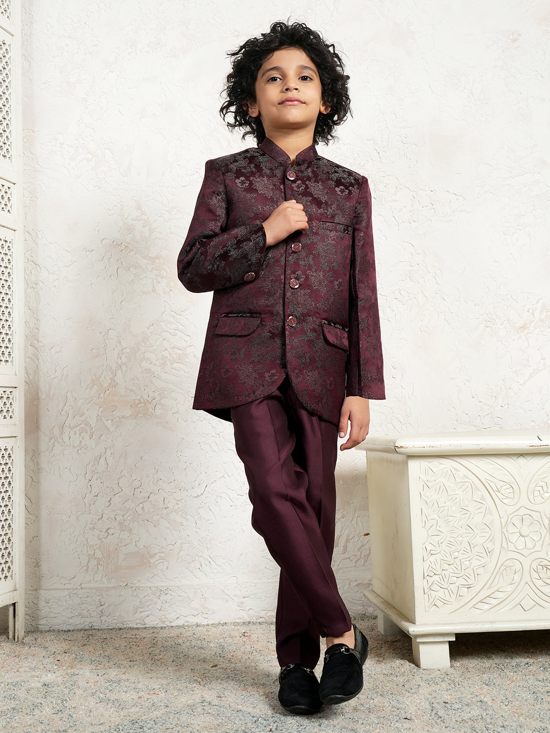 Maroon Embroidered Jacquard Sherwani for Boys