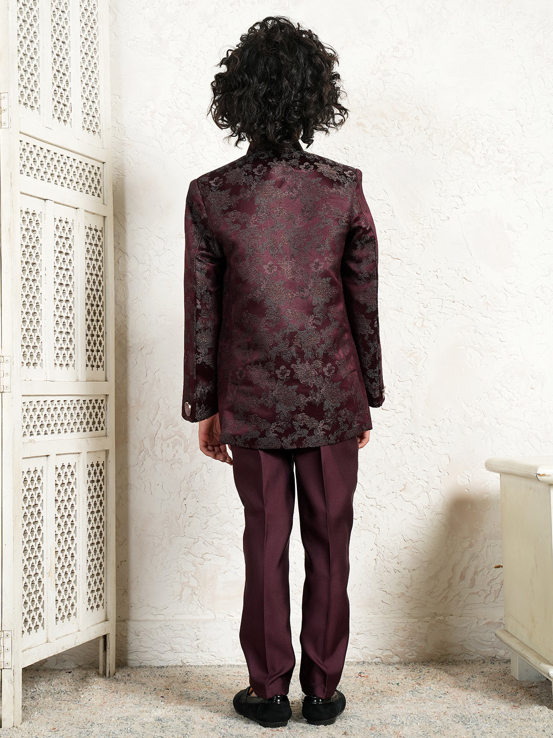 Maroon Embroidered Jacquard Sherwani for Boys